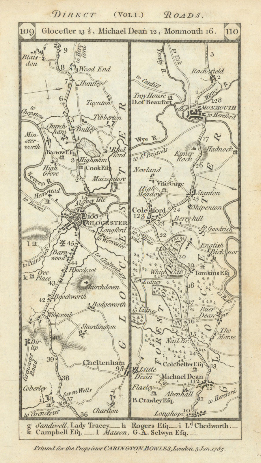 Cheltenham - Gloucester - Coleford - Monmouth road strip map PATERSON 1785
